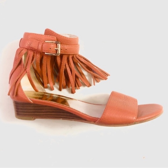 6 Michael Kors orange leather fringe sandal wedge - Picture 2 of 9